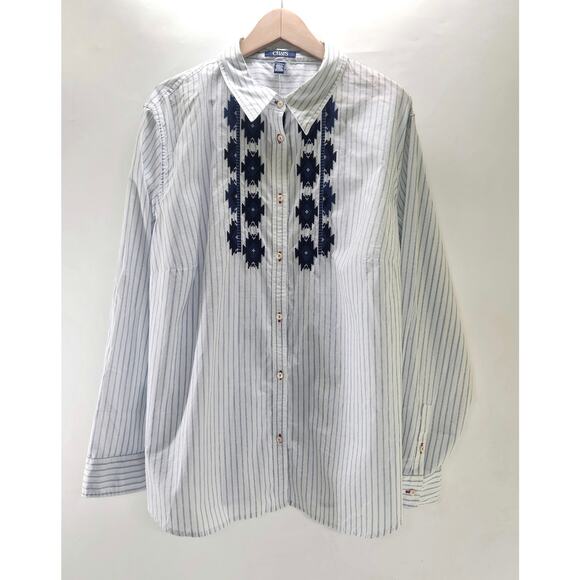 Chaps Womens Button Up Shirt Striped Poplin 3X Blue Embroidery Western Boho - Picture 2 of 10